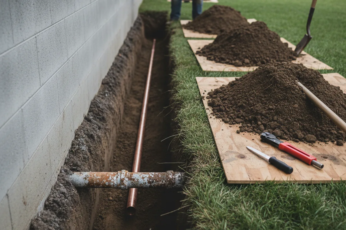 Excavated water line trench during Sewer Line Repair in Fountain